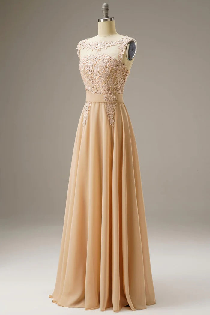 Weitese Dress A-Line Illusion Chiffon Sleeveless Floor Length Maxi Dress Prom Dress With Appliques