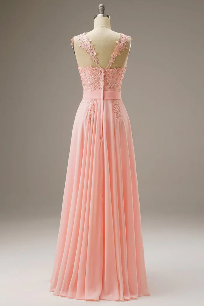 Weitese Dress A-Line Illusion Chiffon Sleeveless Floor Length Maxi Dress Prom Dress With Appliques