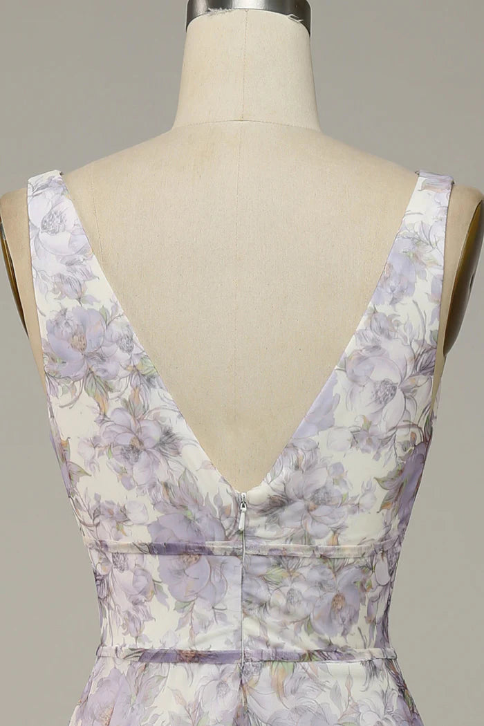 Weitese Dress A-Line Iovry Purple Printed V-Neck Party Dress With Slit Prom Dress