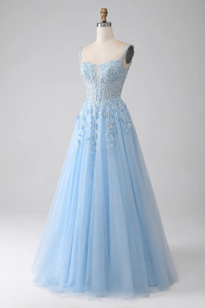 Robe Weitese trapèze bleu clair, robe de soirée, robe longue sans manches avec appliques, robe de bal 
