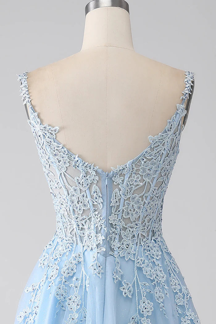 Robe Weitese trapèze bleu clair, robe de soirée, robe longue sans manches avec appliques, robe de bal 