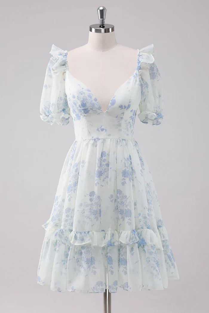 Weitese Dress A-Line Light Blue Floral Short Homecoming Dress With Short Sleeves Ruffles Party Dress
