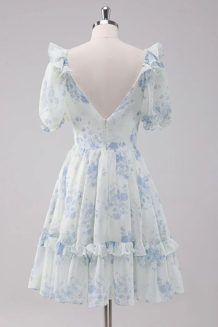 Weitese Dress A-Line Light Blue Floral Short Homecoming Dress With Short Sleeves Ruffles Party Dress