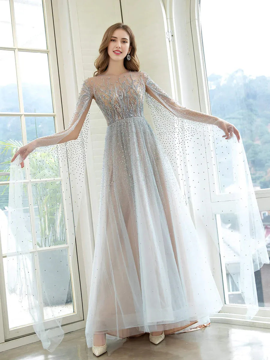 Weitese Dress A-Line Luxurious Glittering Fairy Sexy Formal Evening Dresses Long Sleeve Floor Length Party Dress
