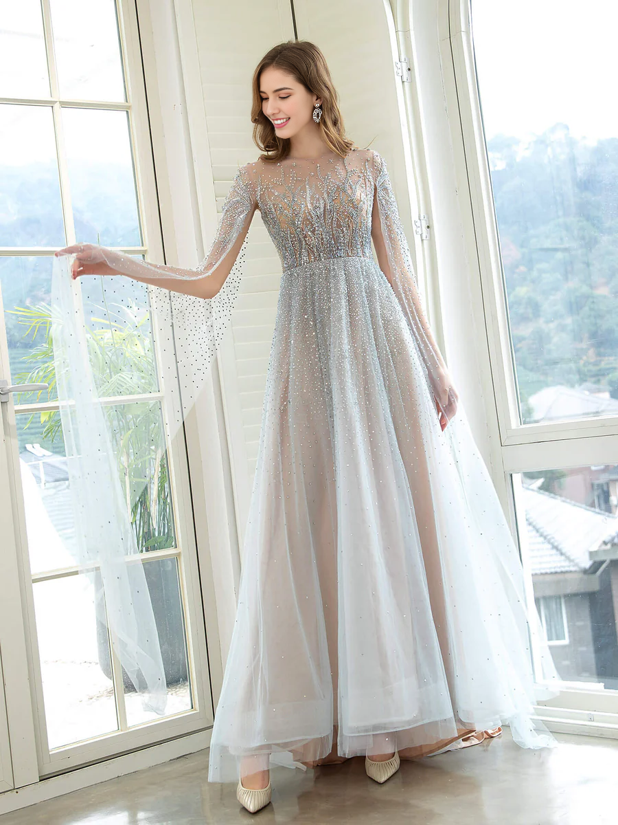 Weitese Dress A-Line Luxurious Glittering Fairy Sexy Formal Evening Dresses Long Sleeve Floor Length Party Dress