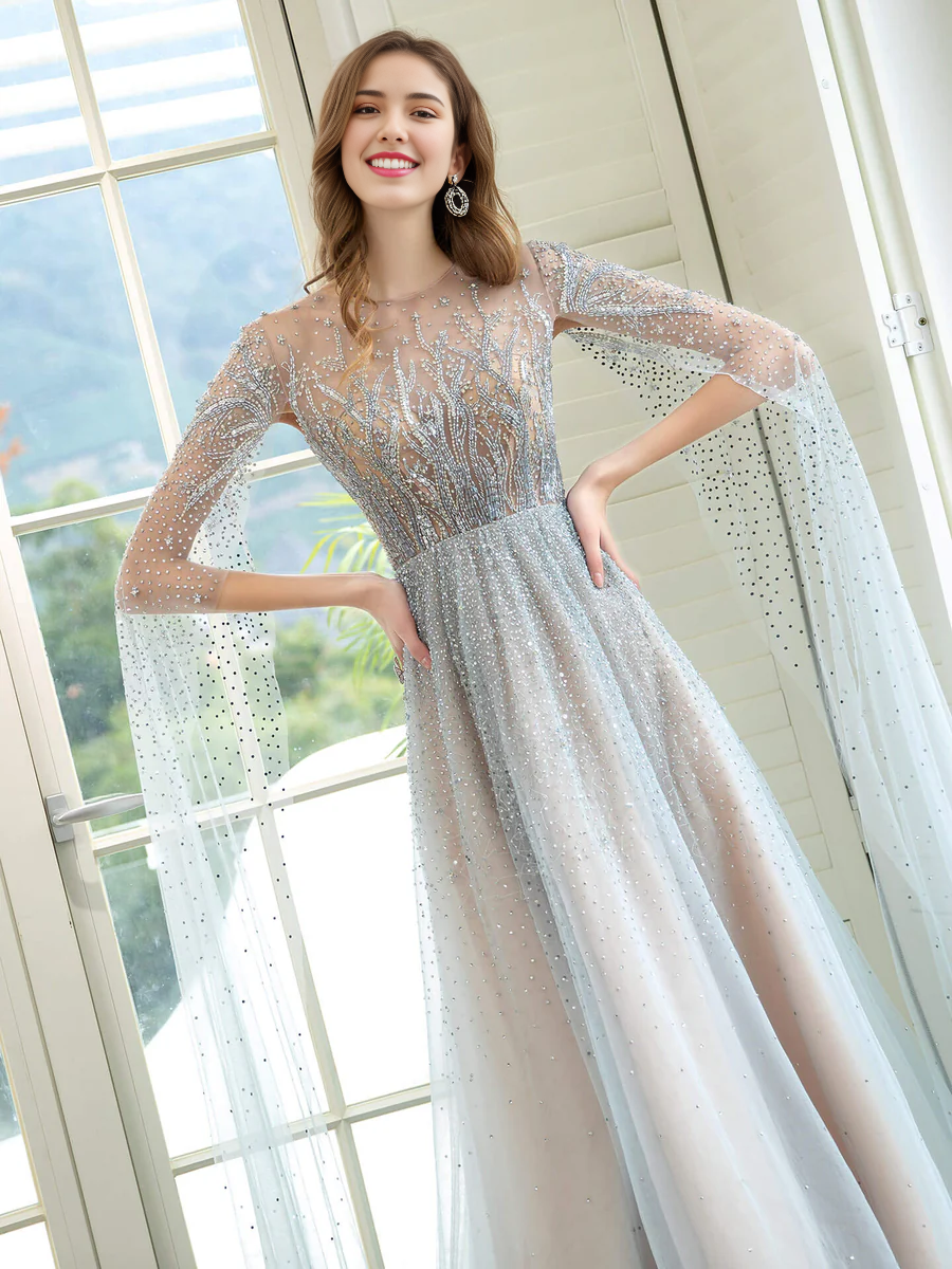 Weitese Dress A-Line Luxurious Glittering Fairy Sexy Formal Evening Dresses Long Sleeve Floor Length Party Dress