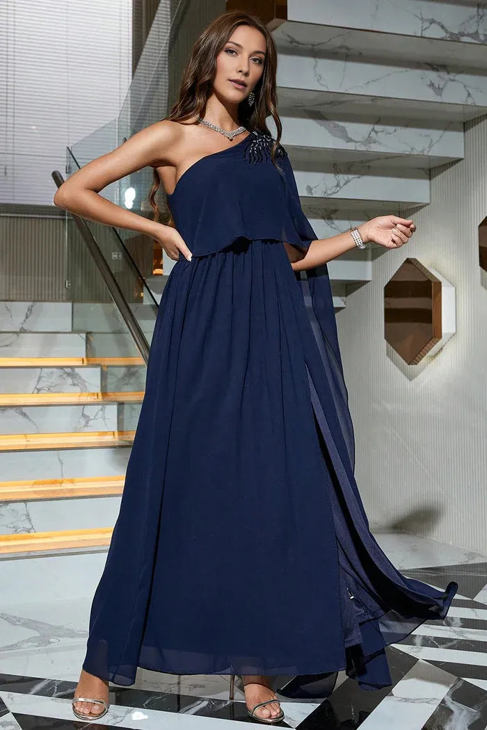 Robe Weitese A-Line Bleu Marine Une Épaule Robe Formelle Robe de Soirée Robe Maxi Sans Manches Avec Fendue Robe de Bal 