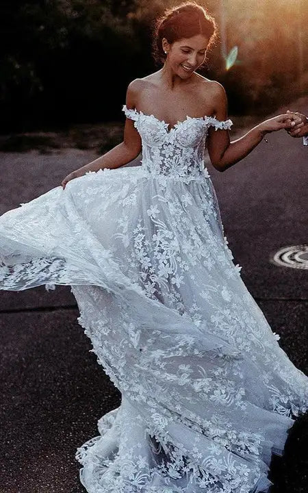 Weitese Dress A-Line Off-the-shoulder Lace Empire Pleated Corset Back Wedding Dress