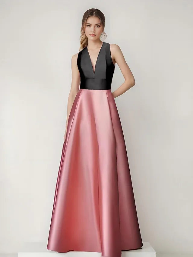 Weitese Dress A-Line Pink And Black Elegant Dress Color Block Hollow Out Back Semi Formal Wedding Floor Length Sleeveless V Neck Satin Evening Dress