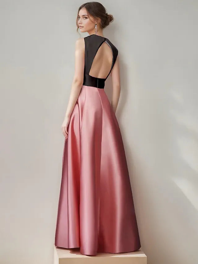 Weitese Dress A-Line Pink And Black Elegant Dress Color Block Hollow Out Back Semi Formal Wedding Floor Length Sleeveless V Neck Satin Evening Dress