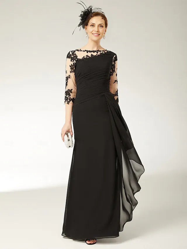 Robe Weitese trapèze grande taille, col bateau, longueur au sol, en mousseline de soie, dentelle, manches mi-longues, avec applications drapées, robe mère de la mariée 