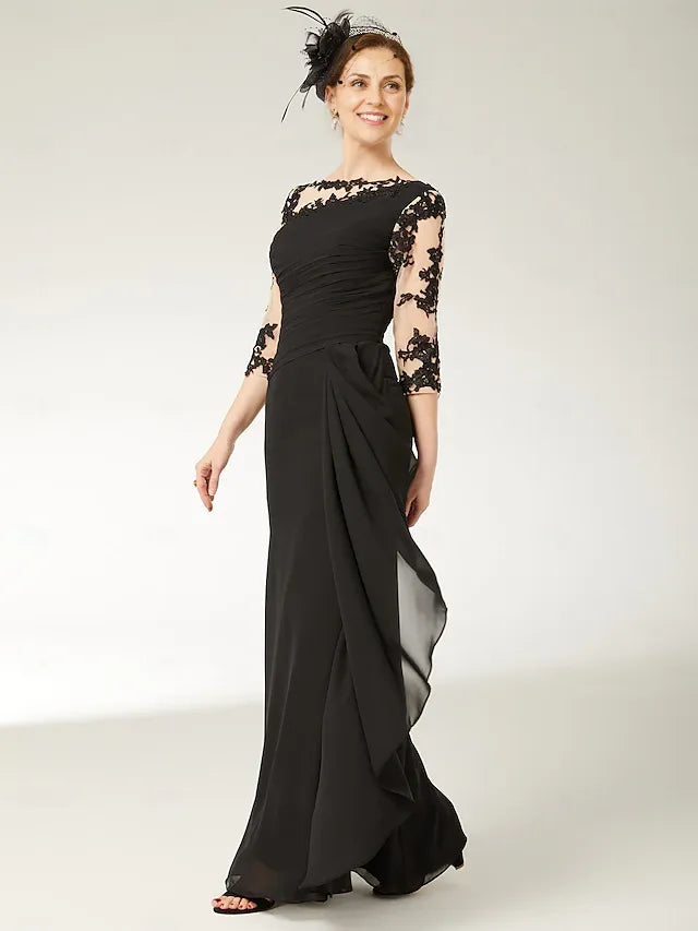 Robe Weitese trapèze grande taille, col bateau, longueur au sol, en mousseline de soie, dentelle, manches mi-longues, avec applications drapées, robe mère de la mariée 