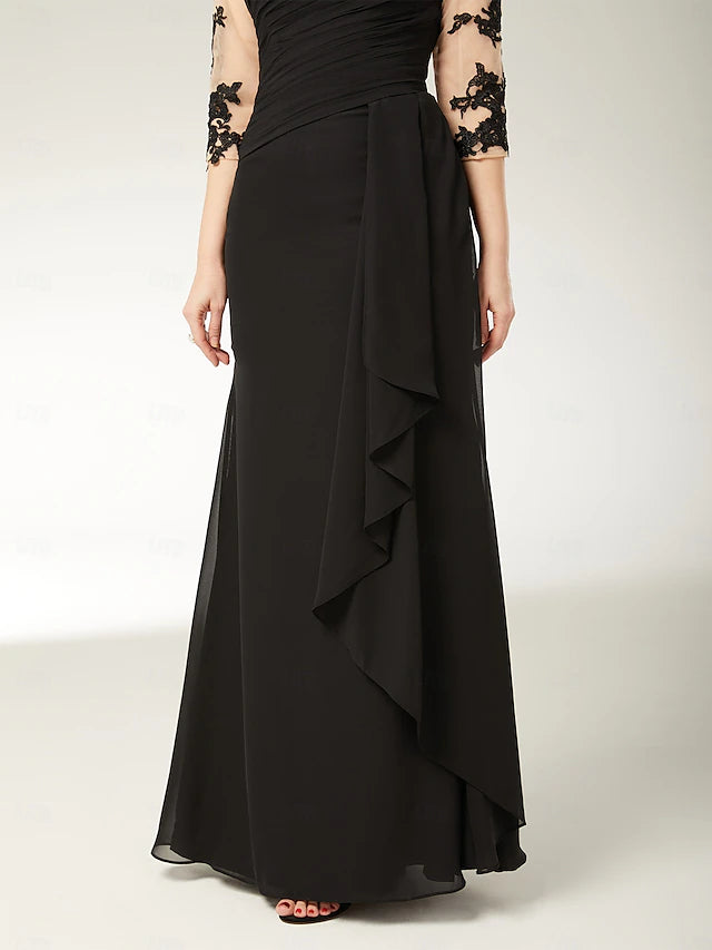 Robe Weitese trapèze grande taille, col bateau, longueur au sol, en mousseline de soie, dentelle, manches mi-longues, avec applications drapées, robe mère de la mariée 