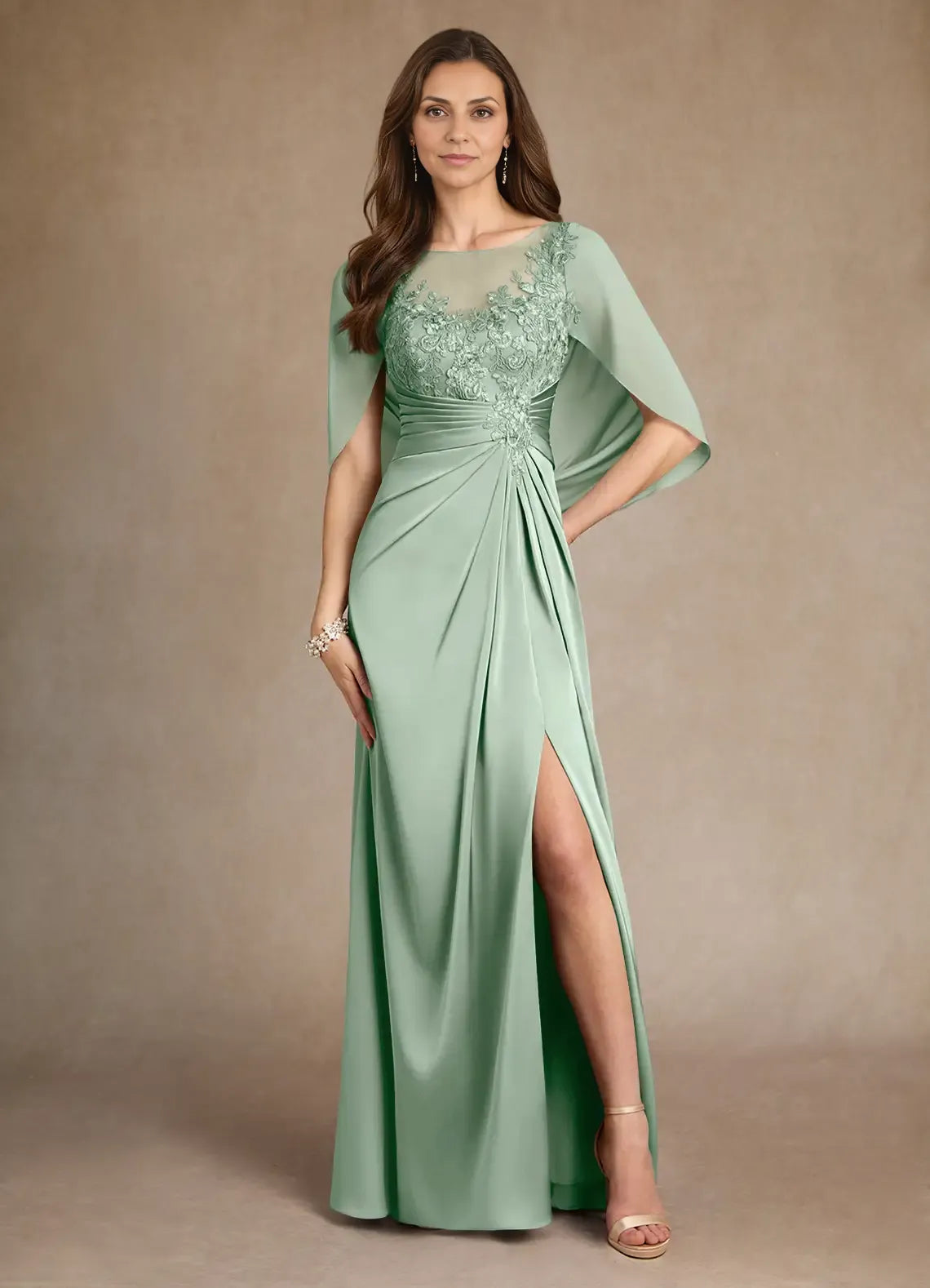 Weitese Dress A-Line Princess Lace Boat Neck Pleated Maxi Dress Elegant Cap Sleeves Back Zip Mother of the Bride Dress