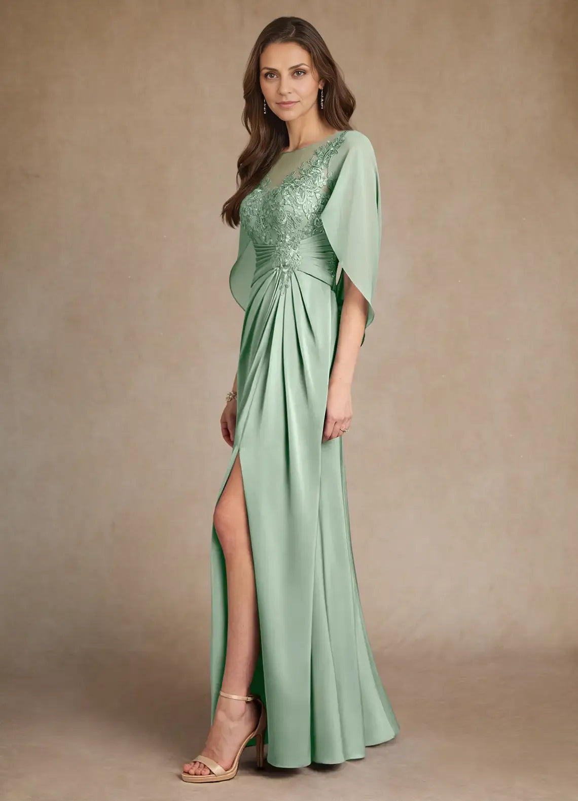 Weitese Dress A-Line Princess Lace Boat Neck Pleated Maxi Dress Elegant Cap Sleeves Back Zip Mother of the Bride Dress