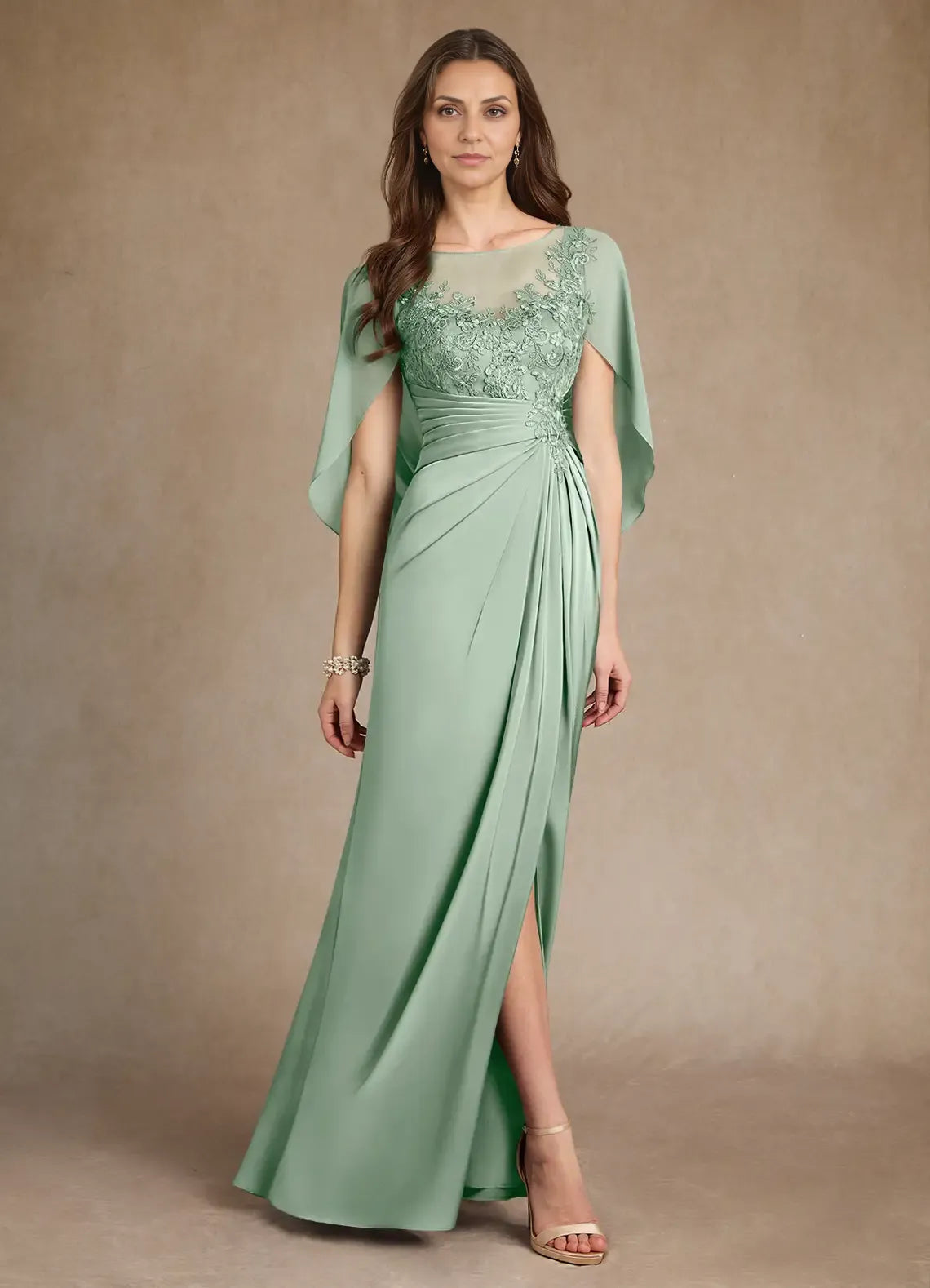 Weitese Dress A-Line Princess Lace Boat Neck Pleated Maxi Dress Elegant Cap Sleeves Back Zip Mother of the Bride Dress