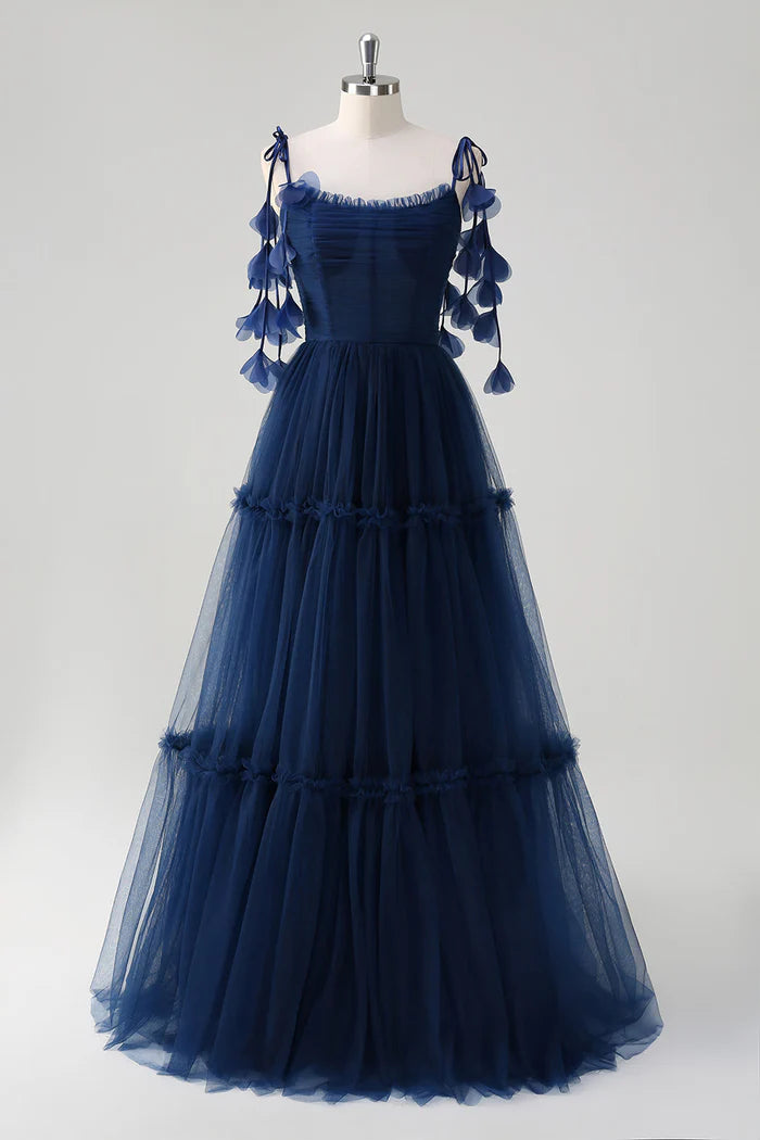 Robe Weitese A-Line Princesse Bleu Marine Bretelles à Nouer Tulle Corset Maxi Robe Robe de Bal Longueur Sol Robe de Soirée 