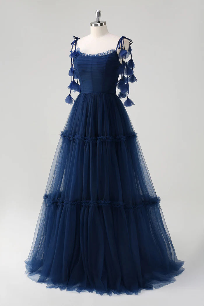 Robe Weitese A-Line Princesse Bleu Marine Bretelles à Nouer Tulle Corset Maxi Robe Robe de Bal Longueur Sol Robe de Soirée 