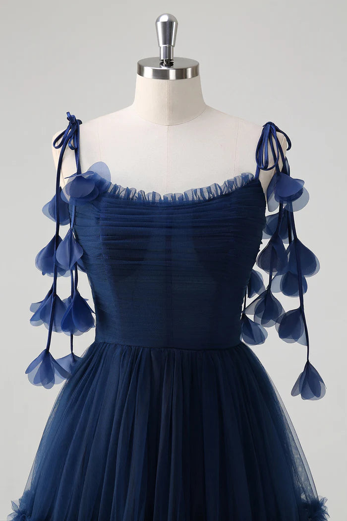 Robe Weitese A-Line Princesse Bleu Marine Bretelles à Nouer Tulle Corset Maxi Robe Robe de Bal Longueur Sol Robe de Soirée 