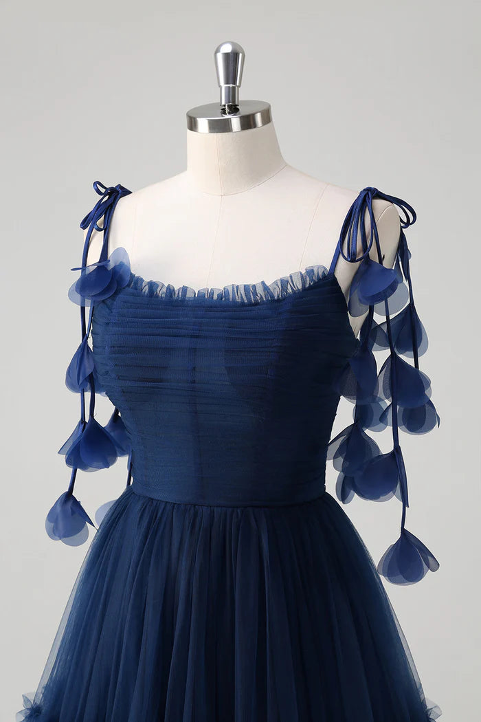 Robe Weitese A-Line Princesse Bleu Marine Bretelles à Nouer Tulle Corset Maxi Robe Robe de Bal Longueur Sol Robe de Soirée 