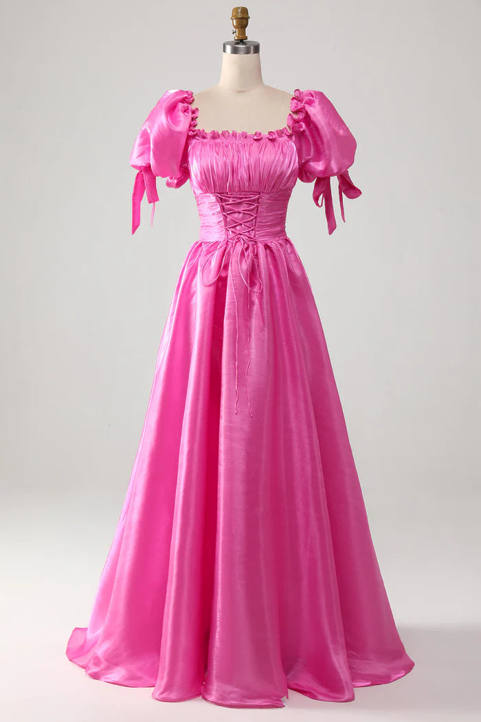 Weitese Dress A-Line Puff Sleeves Hot Pink Pleated Party Dress With Ruffles Prom Dress