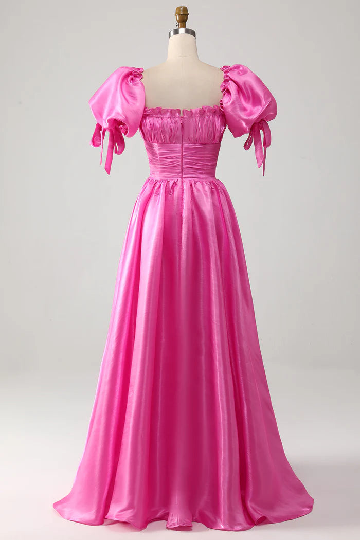 Weitese Dress A-Line Puff Sleeves Hot Pink Pleated Party Dress With Ruffles Prom Dress