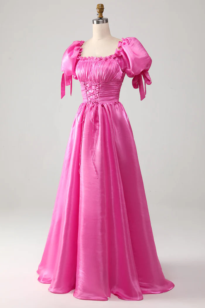 Weitese Dress A-Line Puff Sleeves Hot Pink Pleated Party Dress With Ruffles Prom Dress