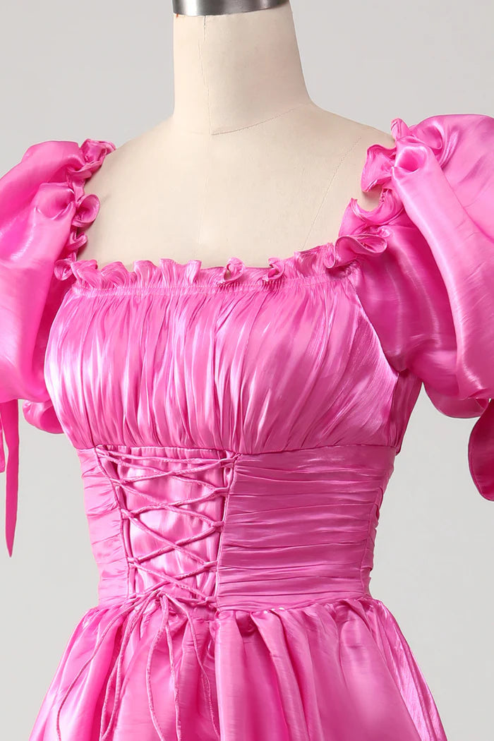 Weitese Dress A-Line Puff Sleeves Hot Pink Pleated Party Dress With Ruffles Prom Dress
