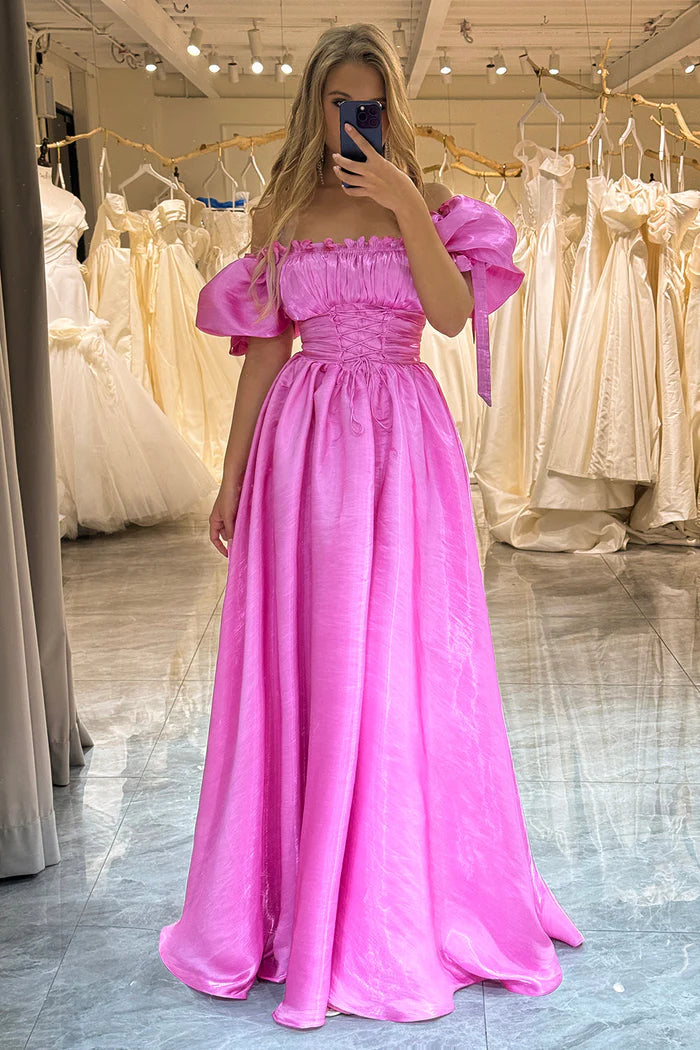 Weitese Dress A-Line Puff Sleeves Hot Pink Pleated Party Dress With Ruffles Prom Dress