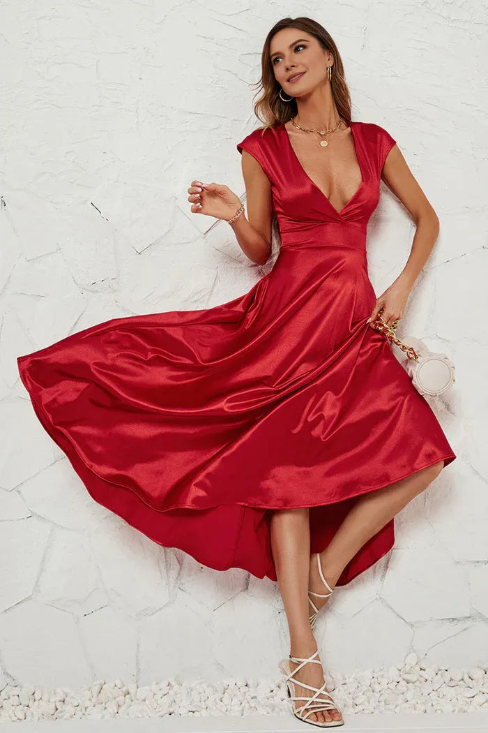 Weitese Dress A-Line Red Deep V-neck Cap Sleeves Party Dress Tea-Lengt Prom Dress