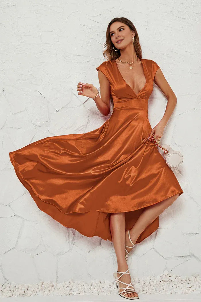 Weitese Dress A-Line Red Deep V-neck Cap Sleeves Party Dress Tea-Lengt Prom Dress