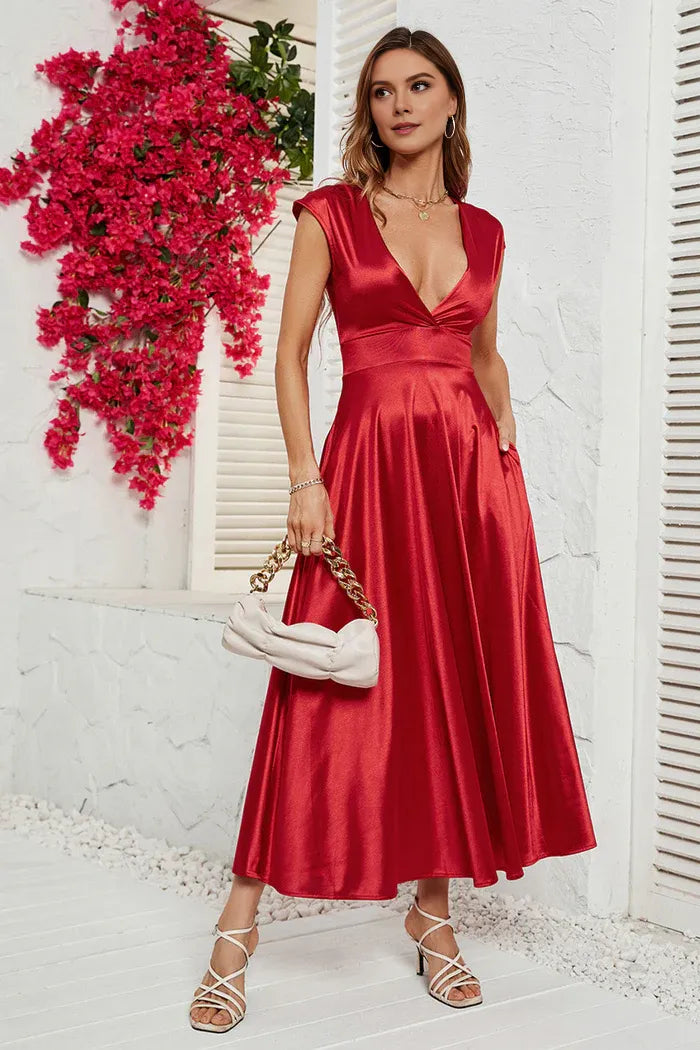Weitese Dress A-Line Red Deep V-neck Cap Sleeves Party Dress Tea-Lengt Prom Dress