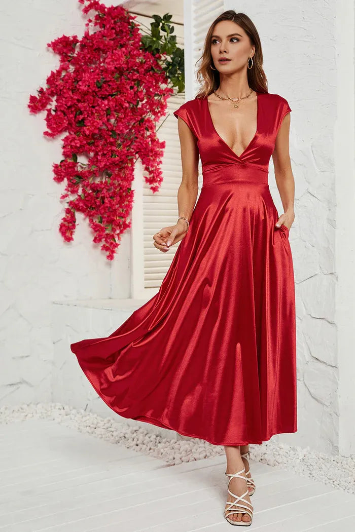 Weitese Dress A-Line Red Deep V-neck Cap Sleeves Party Dress Tea-Lengt Prom Dress