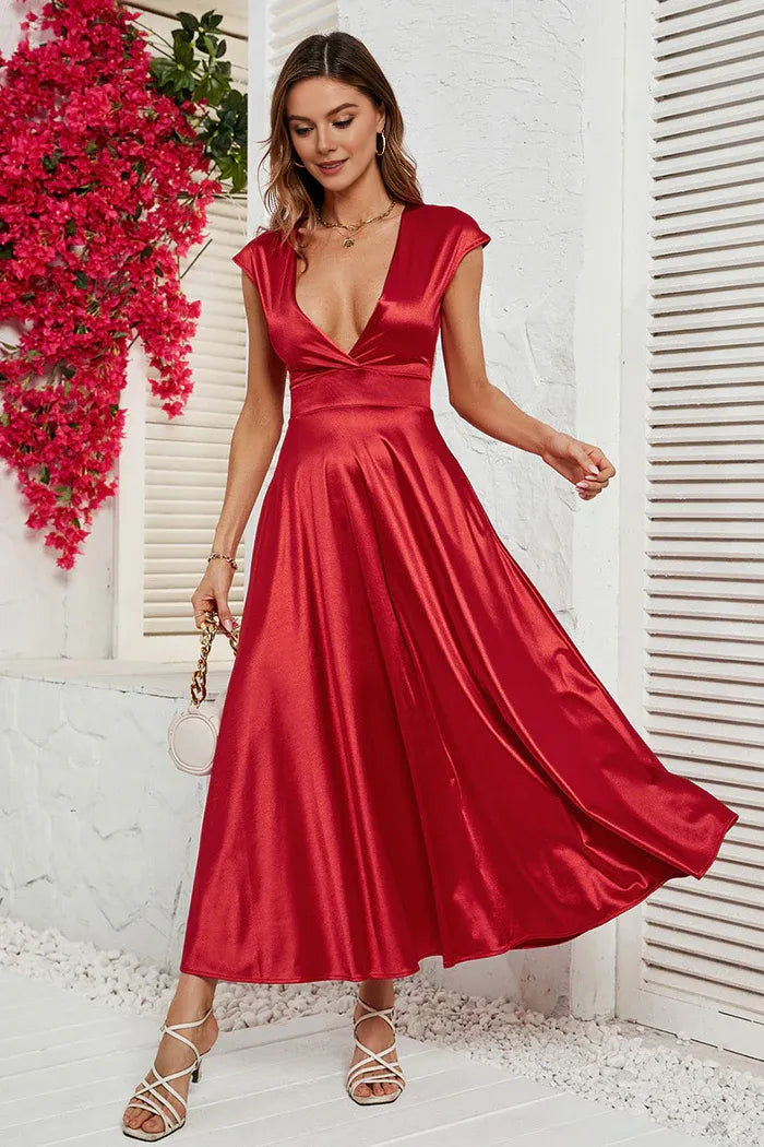 Weitese Dress A-Line Red Deep V-neck Cap Sleeves Party Dress Tea-Lengt Prom Dress
