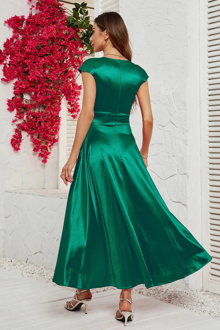 Weitese Dress A-Line Red Deep V-neck Cap Sleeves Party Dress Tea-Lengt Prom Dress