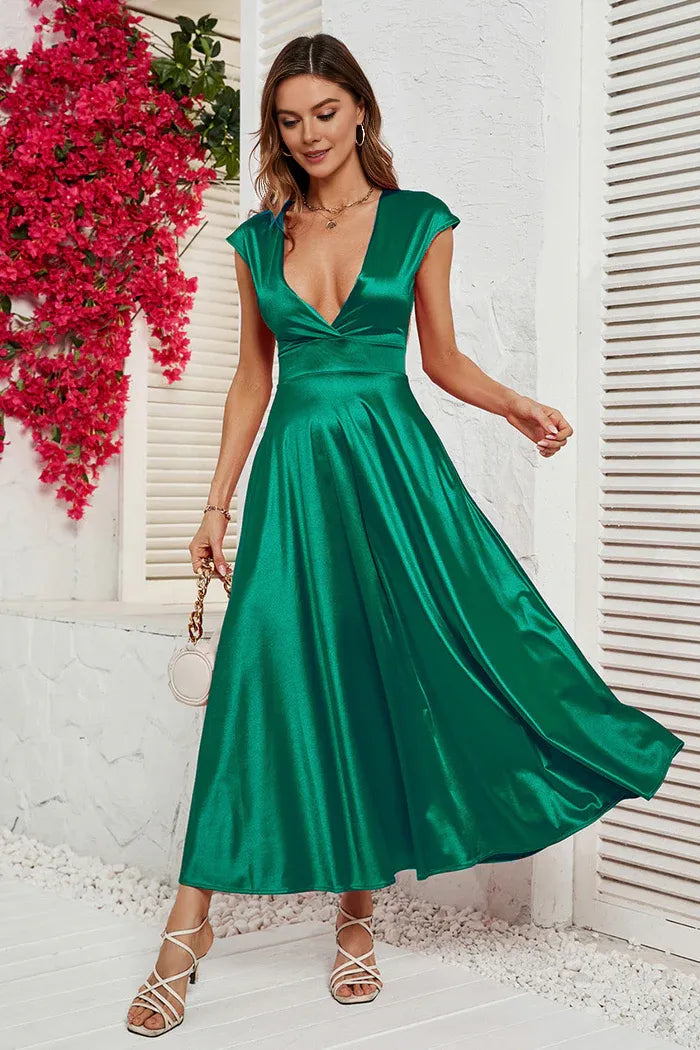 Weitese Dress A-Line Red Deep V-neck Cap Sleeves Party Dress Tea-Lengt Prom Dress