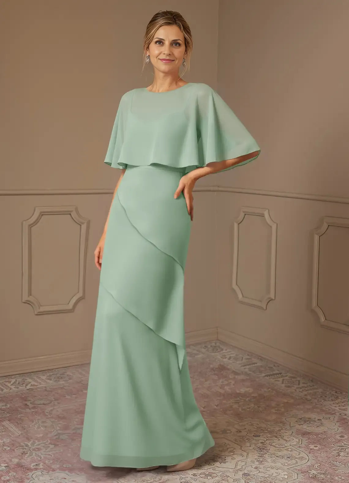 Weitese Dress A-Line Scoop Neck Chiffon Dress Mother Of The Bride Dresses Elegant Cap Sleeves Capelet Evening Dress