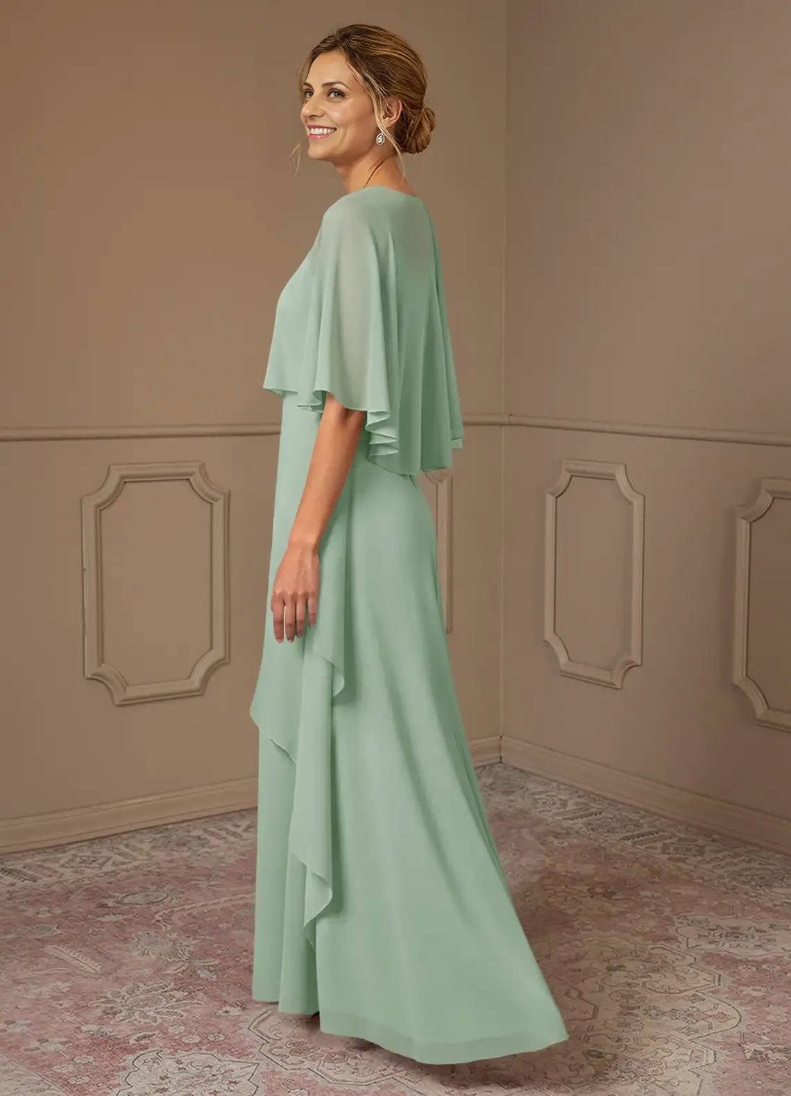 Weitese Dress A-Line Scoop Neck Chiffon Dress Mother Of The Bride Dresses Elegant Cap Sleeves Capelet Evening Dress