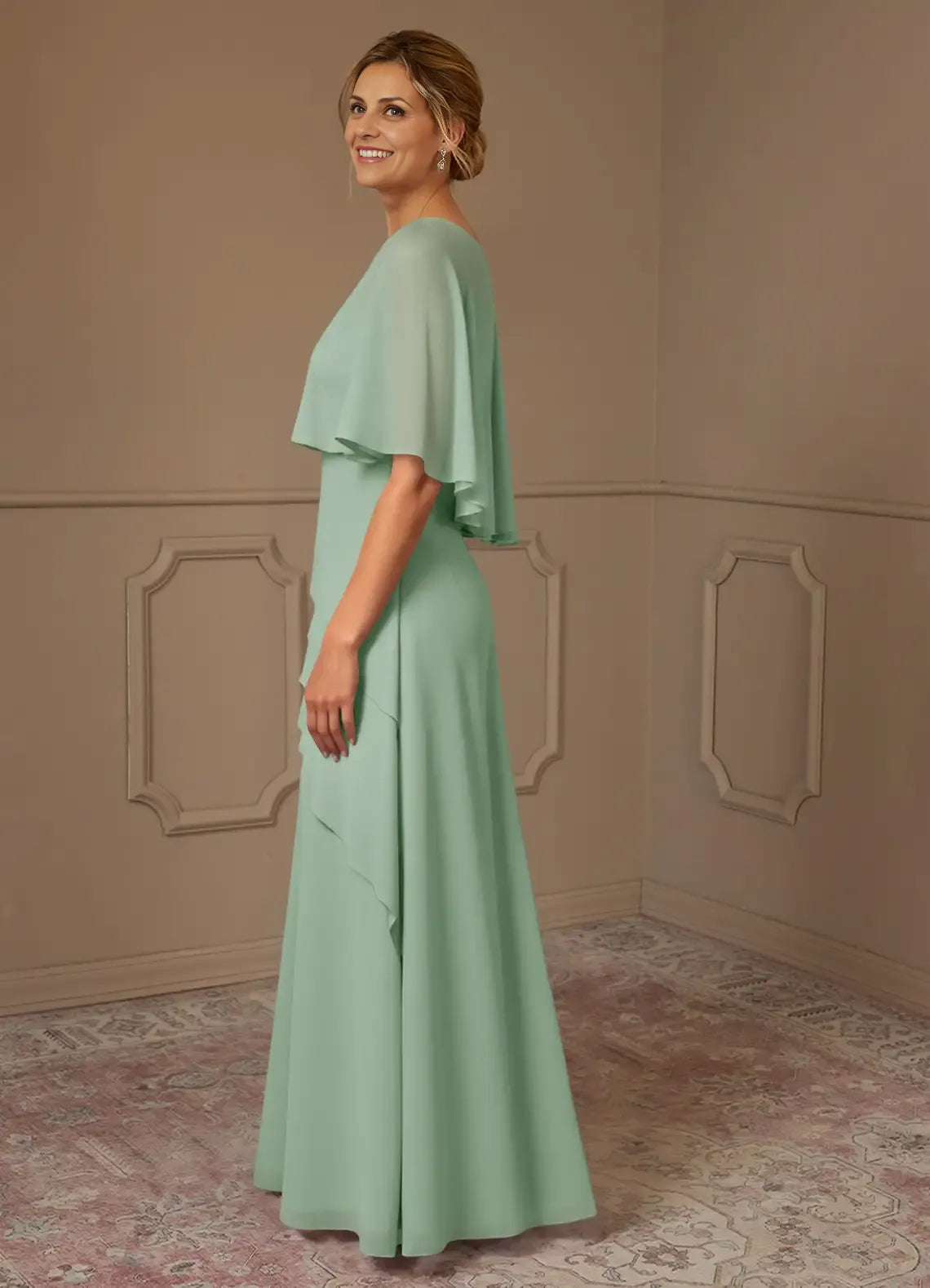 Weitese Dress A-Line Scoop Neck Chiffon Dress Mother Of The Bride Dresses Elegant Cap Sleeves Capelet Evening Dress