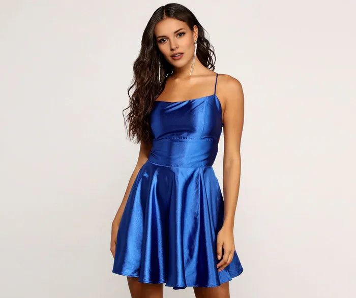 Weitese Dress A-Line Spaghetti Straps Cocktail Party Dress Sleeveless Satin Backless Homecoming Dress