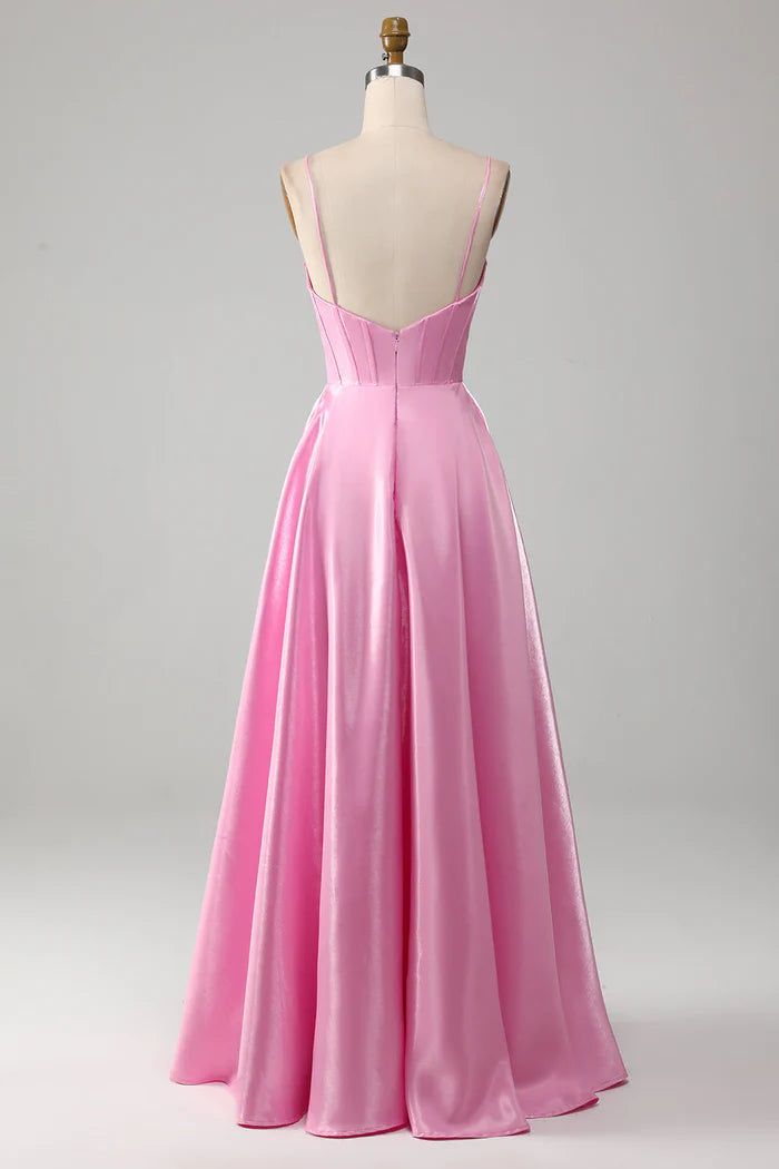 Weitese Dress A-Line Spaghetti Straps Pink Corset Evening Dress Prom Dress