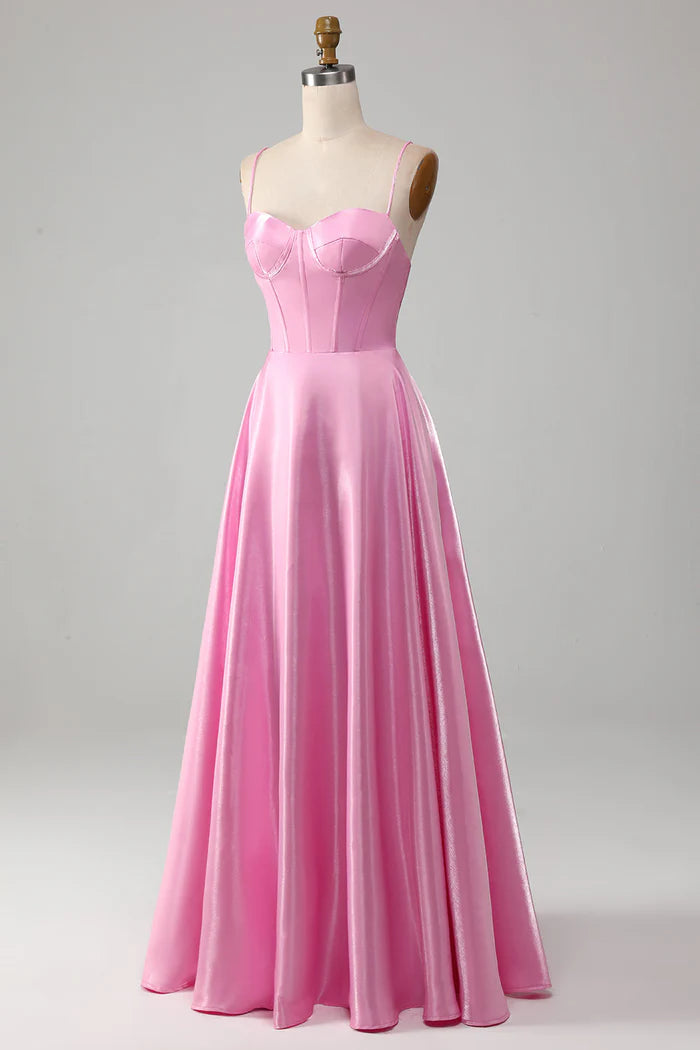 Weitese Dress A-Line Spaghetti Straps Pink Corset Evening Dress Prom Dress