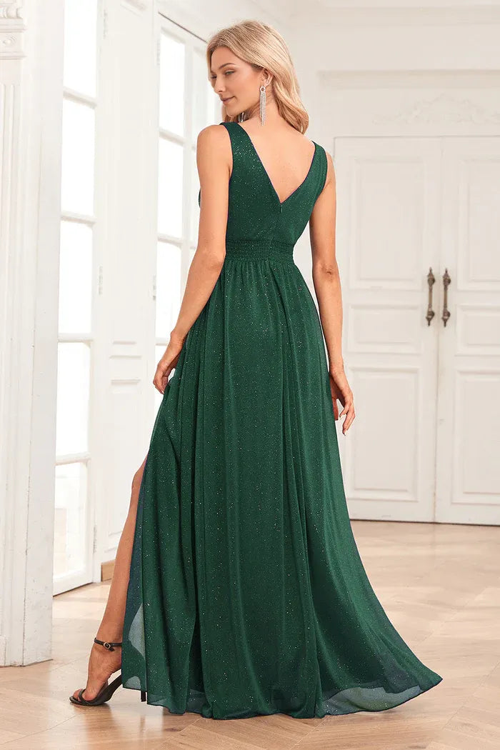 Robe Weitese A-Line Scintillante Col en V Vert Foncé Robe de Soirée Sans Manches Robe Maxi Avec Fendue Robe de Bal 