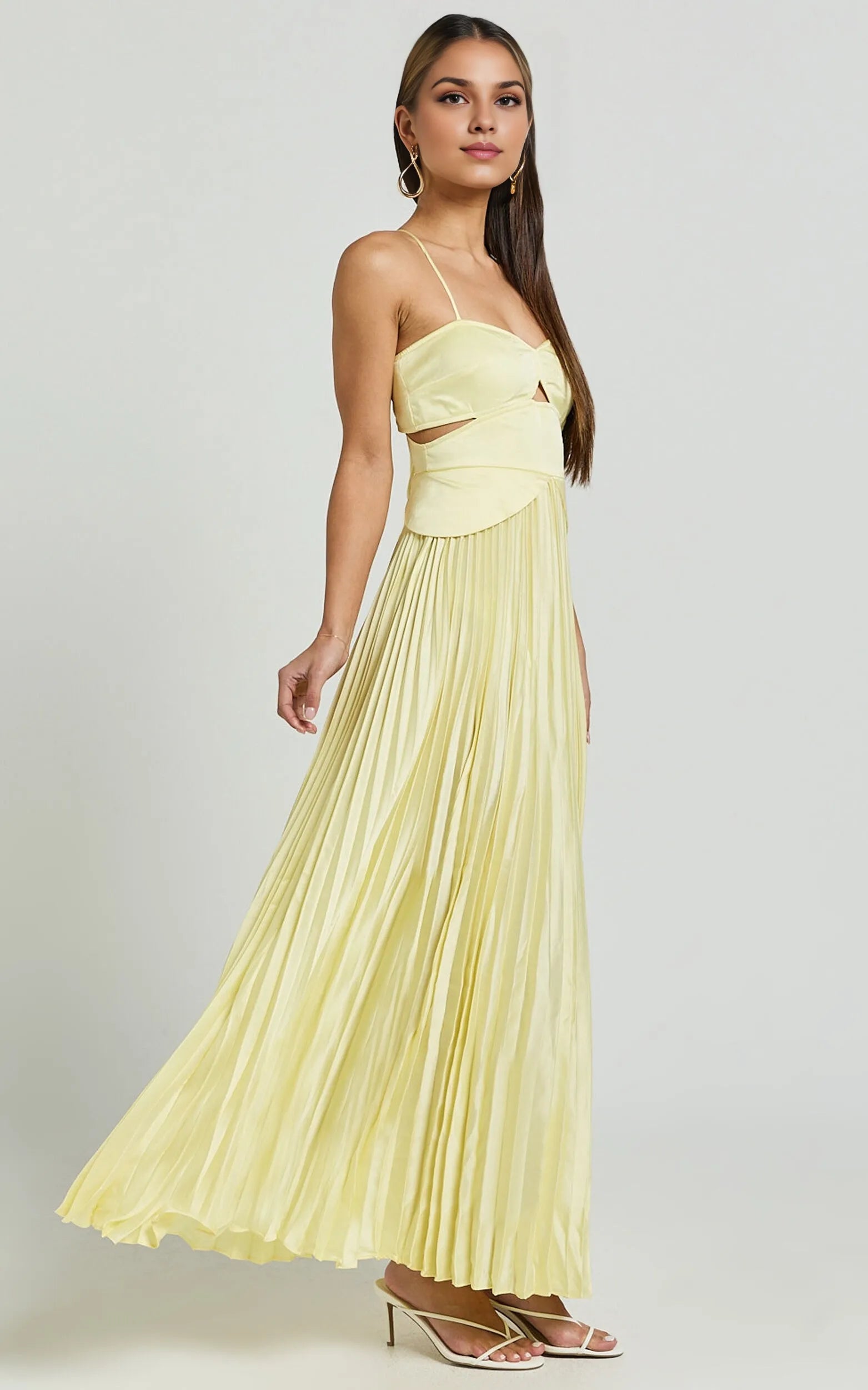 Weitese Dress A-Line Sweetheart Cut Out Pleated Dress Lemon Spaghetti Straps Backless Lace Up Evening Dress