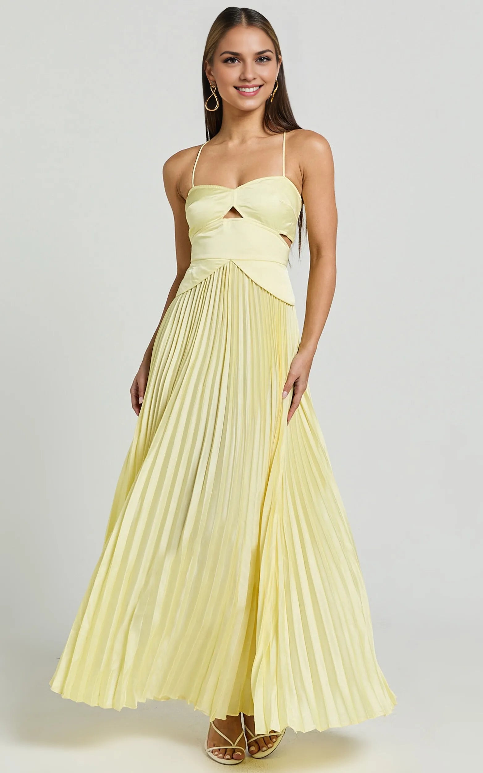 Weitese Dress A-Line Sweetheart Cut Out Pleated Dress Lemon Spaghetti Straps Backless Lace Up Evening Dress