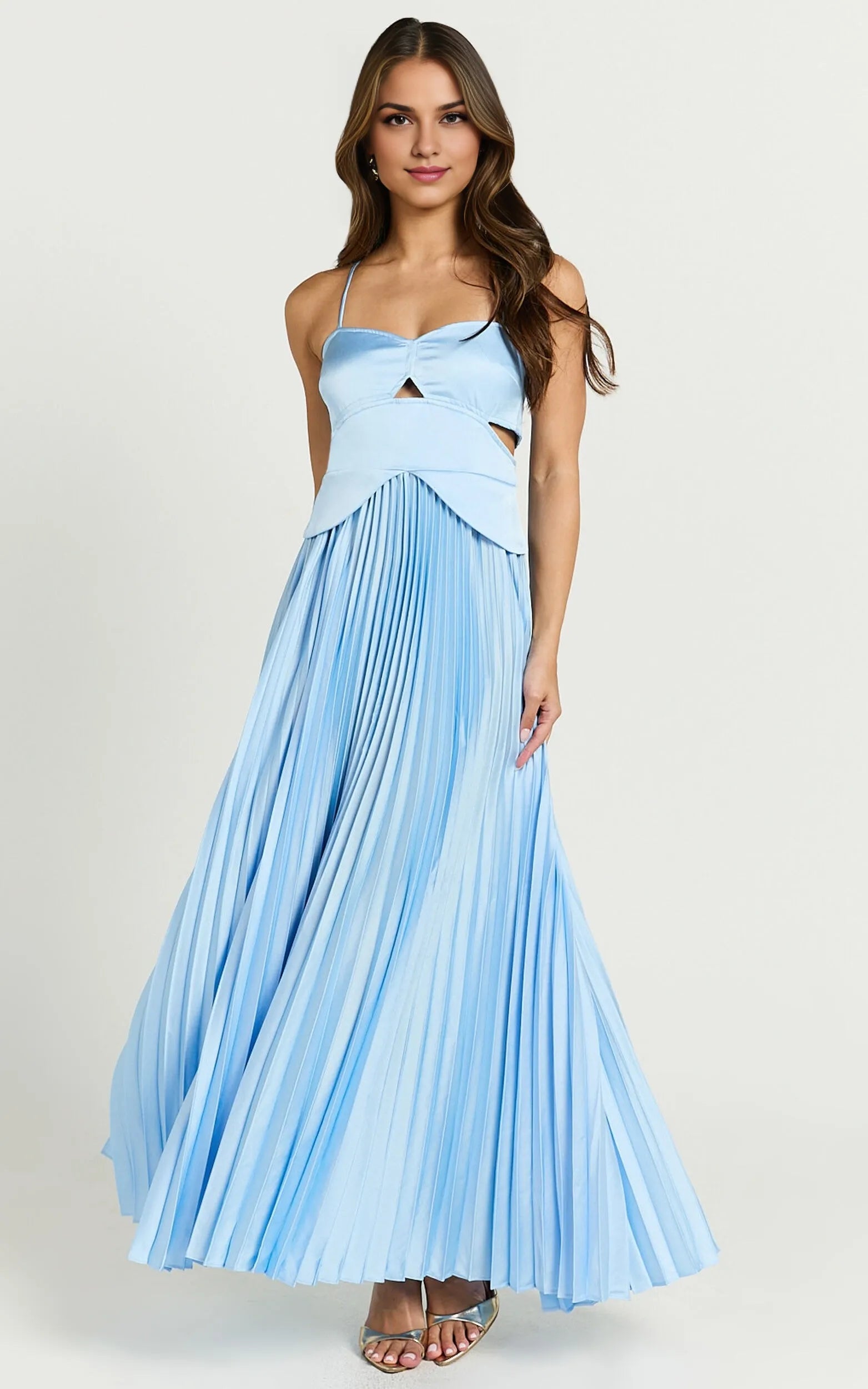 Weitese Dress A-Line Sweetheart Cut Out Pleated Dress Lemon Spaghetti Straps Backless Lace Up Evening Dress