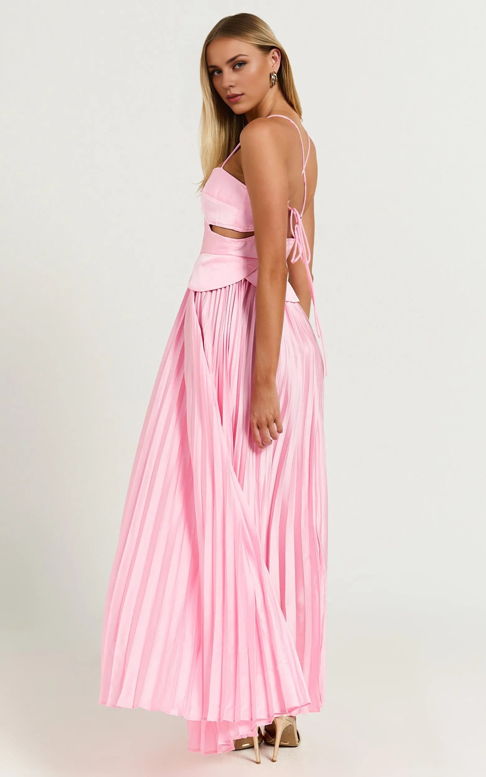 Weitese Dress A-Line Sweetheart Cut Out Pleated Dress Lemon Spaghetti Straps Backless Lace Up Evening Dress