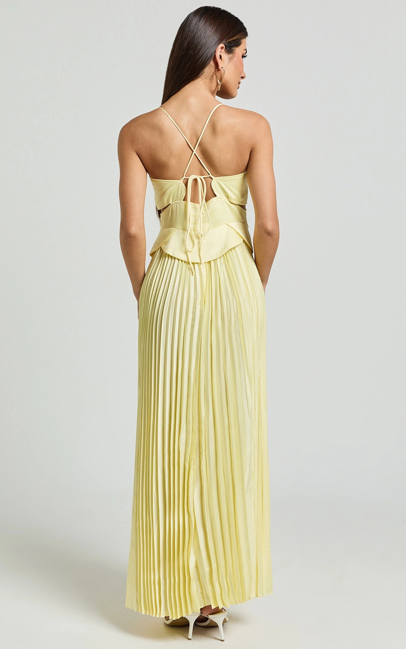 Weitese Dress A-Line Sweetheart Cut Out Pleated Dress Lemon Spaghetti Straps Backless Lace Up Evening Dress