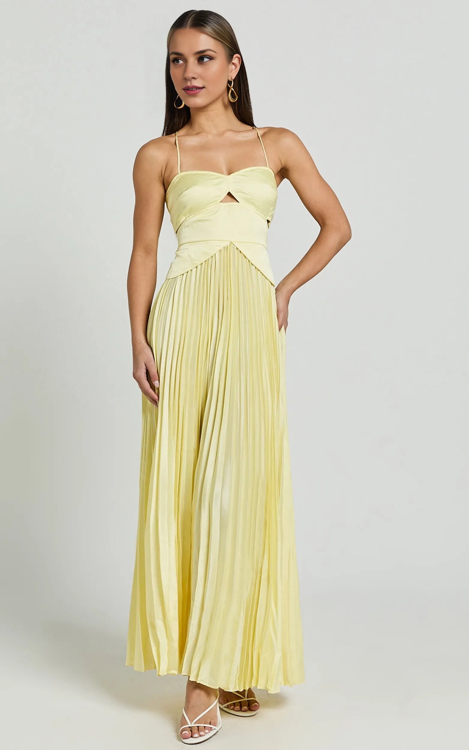 Weitese Dress A-Line Sweetheart Cut Out Pleated Dress Lemon Spaghetti Straps Backless Lace Up Evening Dress