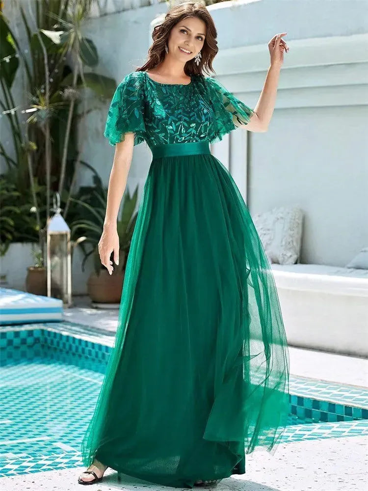 Weitese Dress A-Line Tulle Party Dresses Short Sleeves Semi Scoop Formal Maxi Prom Dress